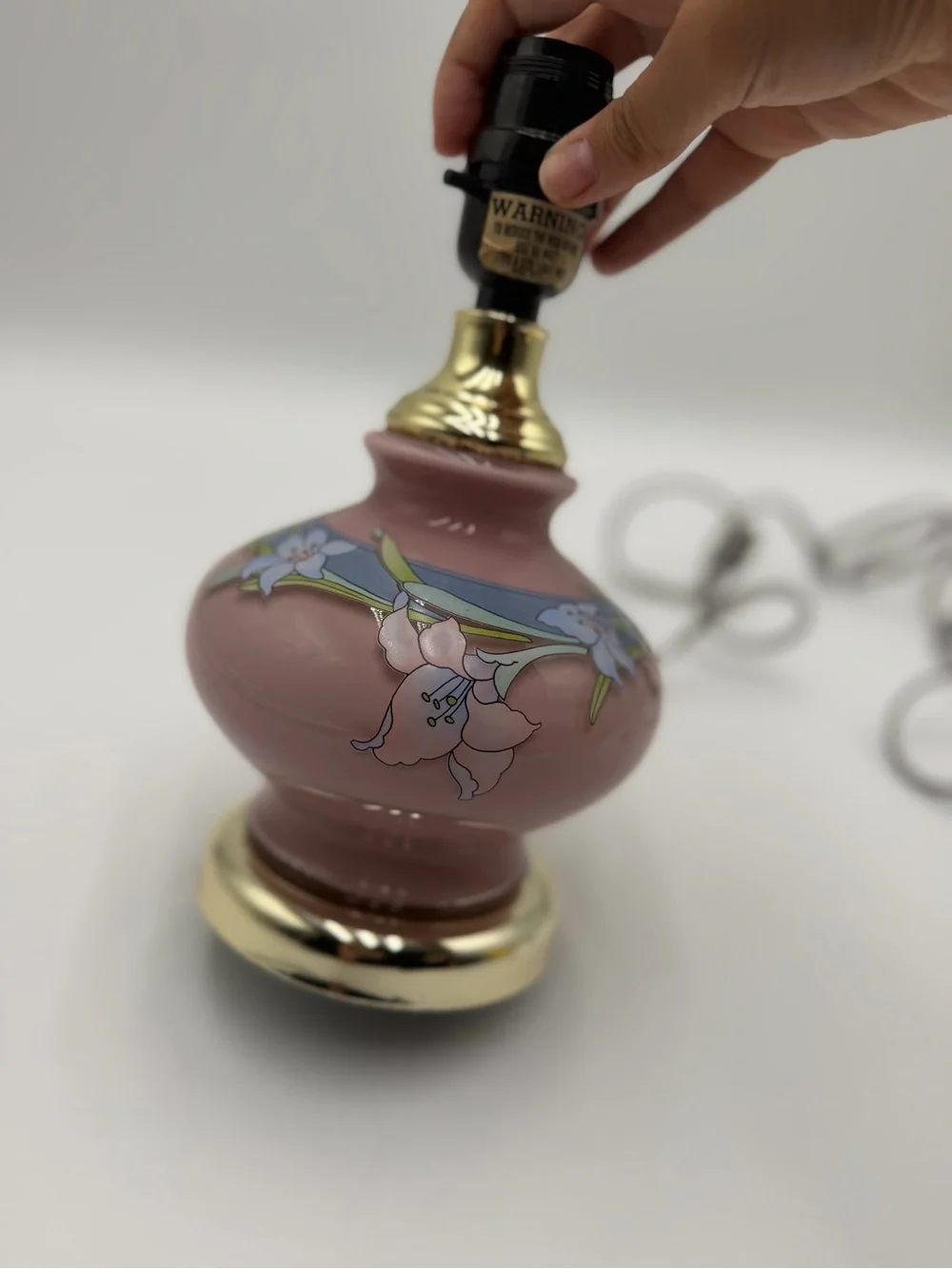 Vintage Kaadan Ltd Electric Table  Lamp Pink with Pink & Blue Lilies 10